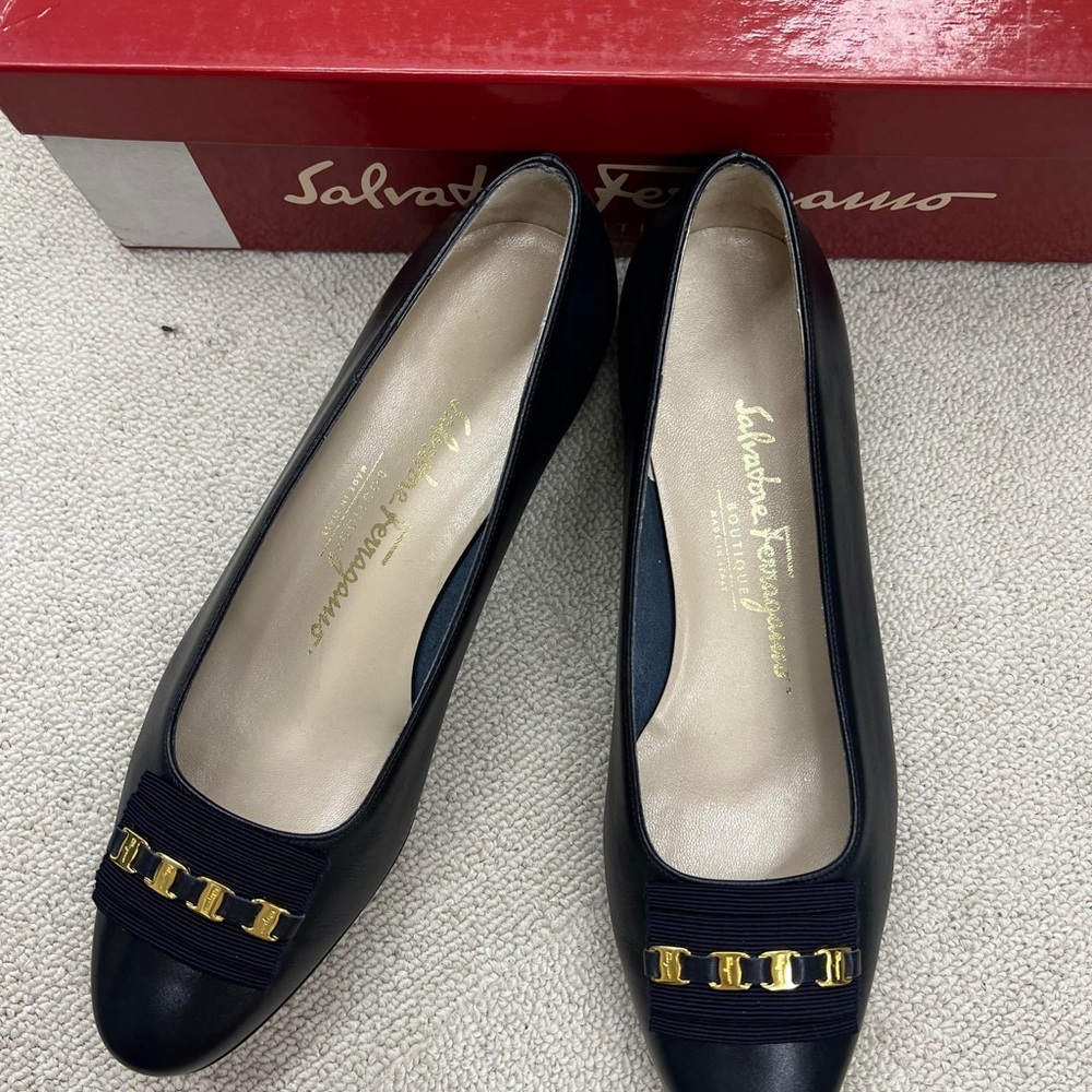 Salvatore Ferragamo Dark Blue with Gold Detailing Size 6 1/2